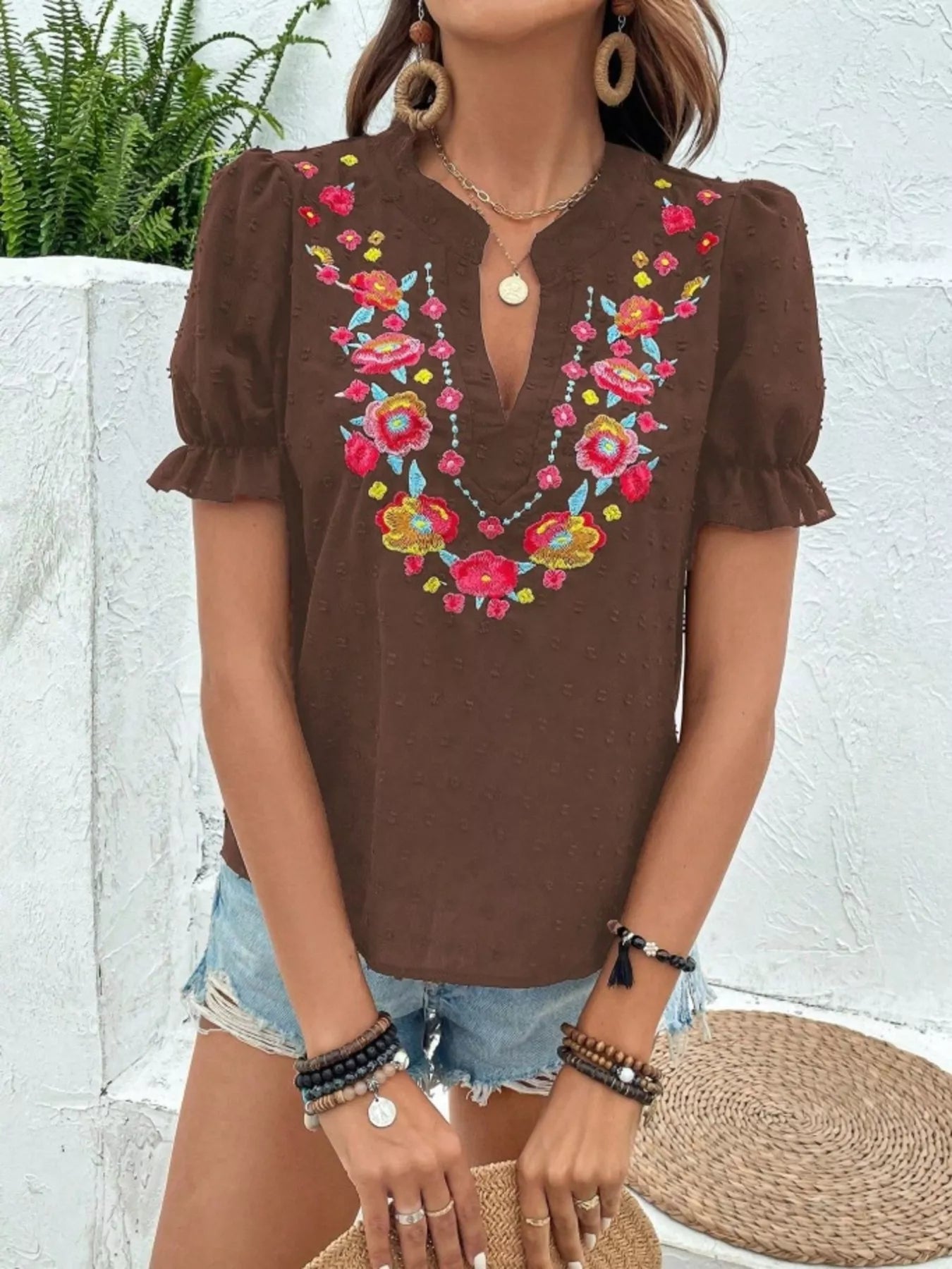 Floral Embroidered Puff Sleeve Blouse 