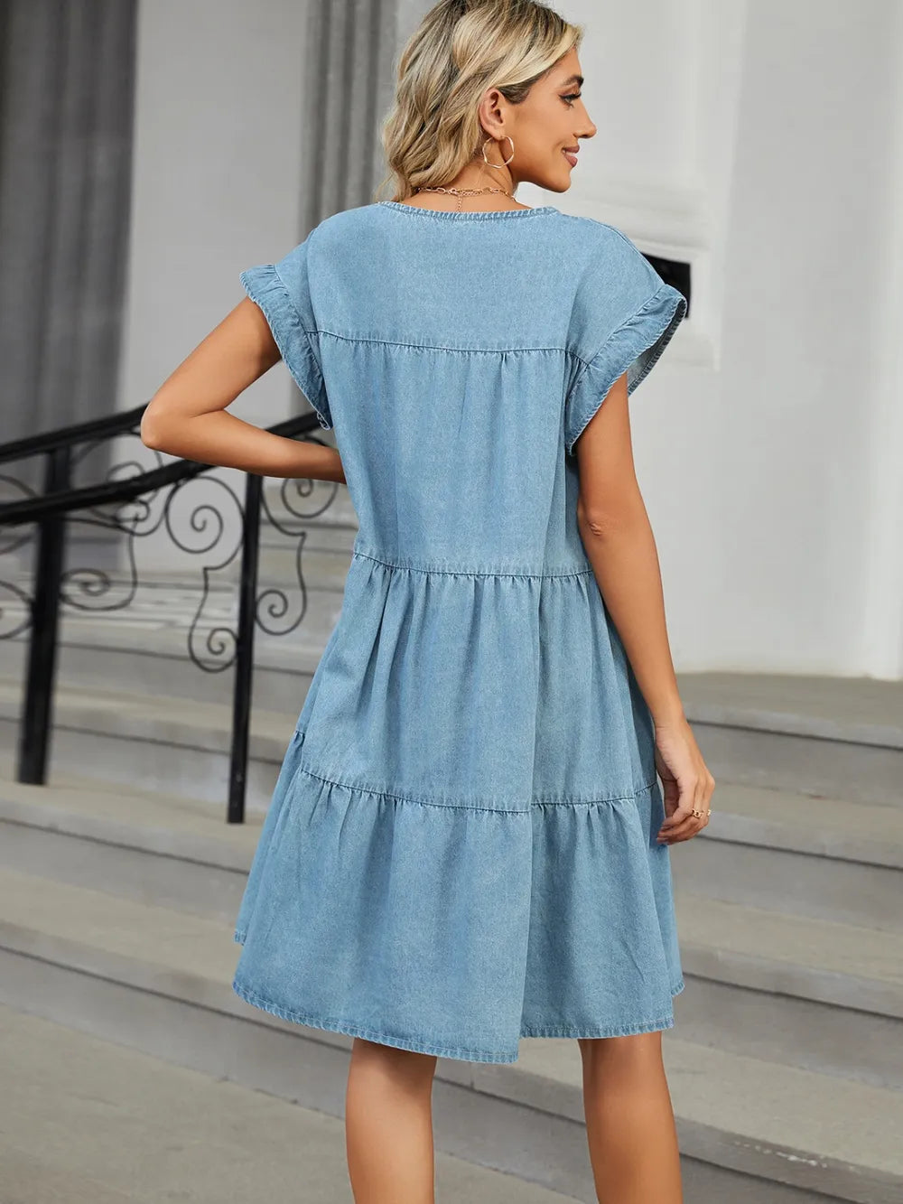 Tiered Round Neck Short Sleeve Denim Dress 