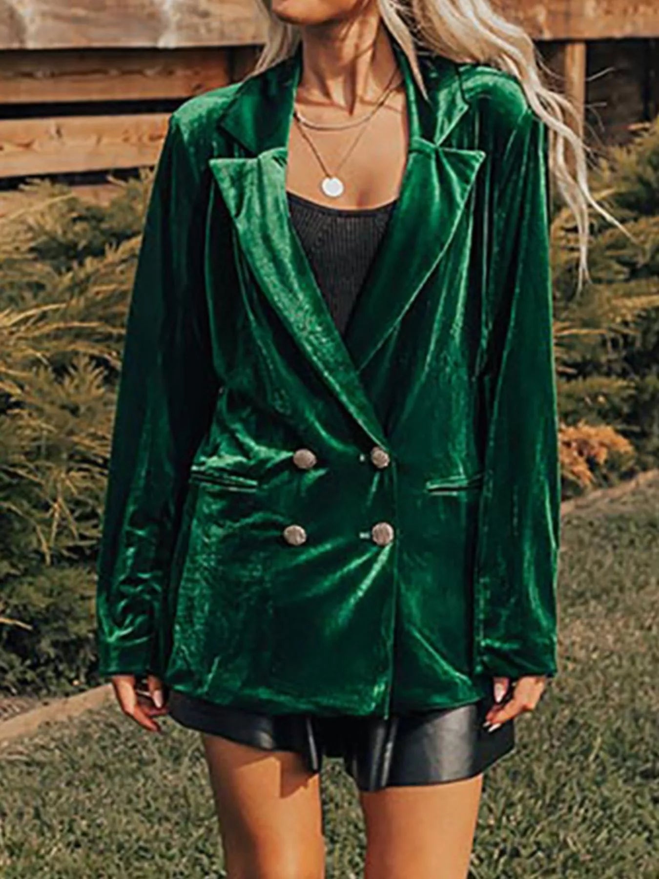 Velvet Lapel Collar Button Up Blazer 