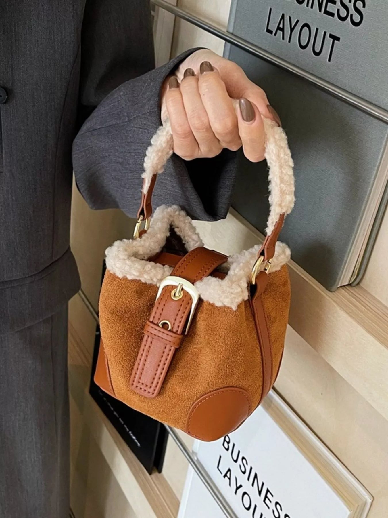 Fuzzy Trim Bucket Crossbody Bag 