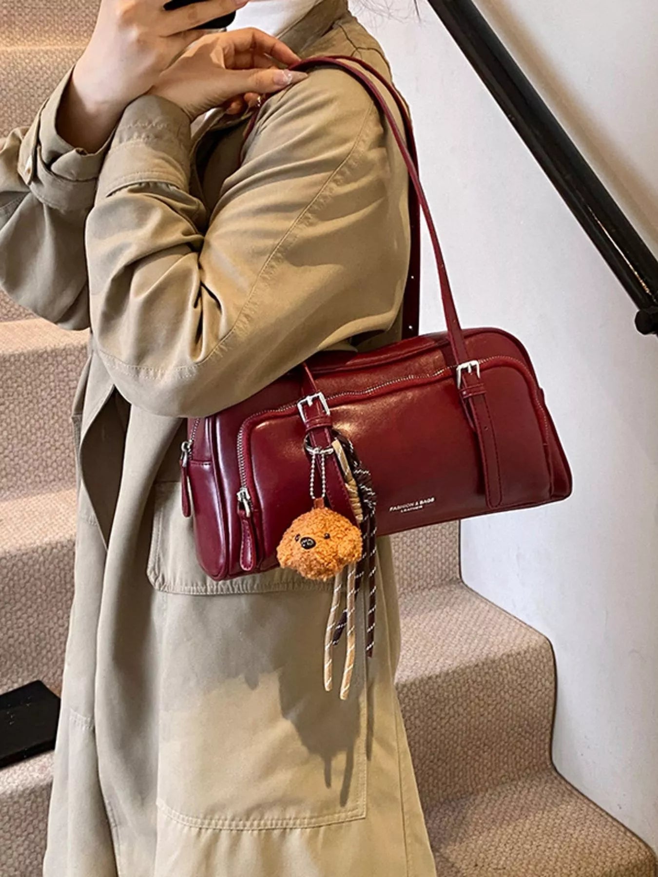 Vintage Style Leather Shoulder Bag with Charm 