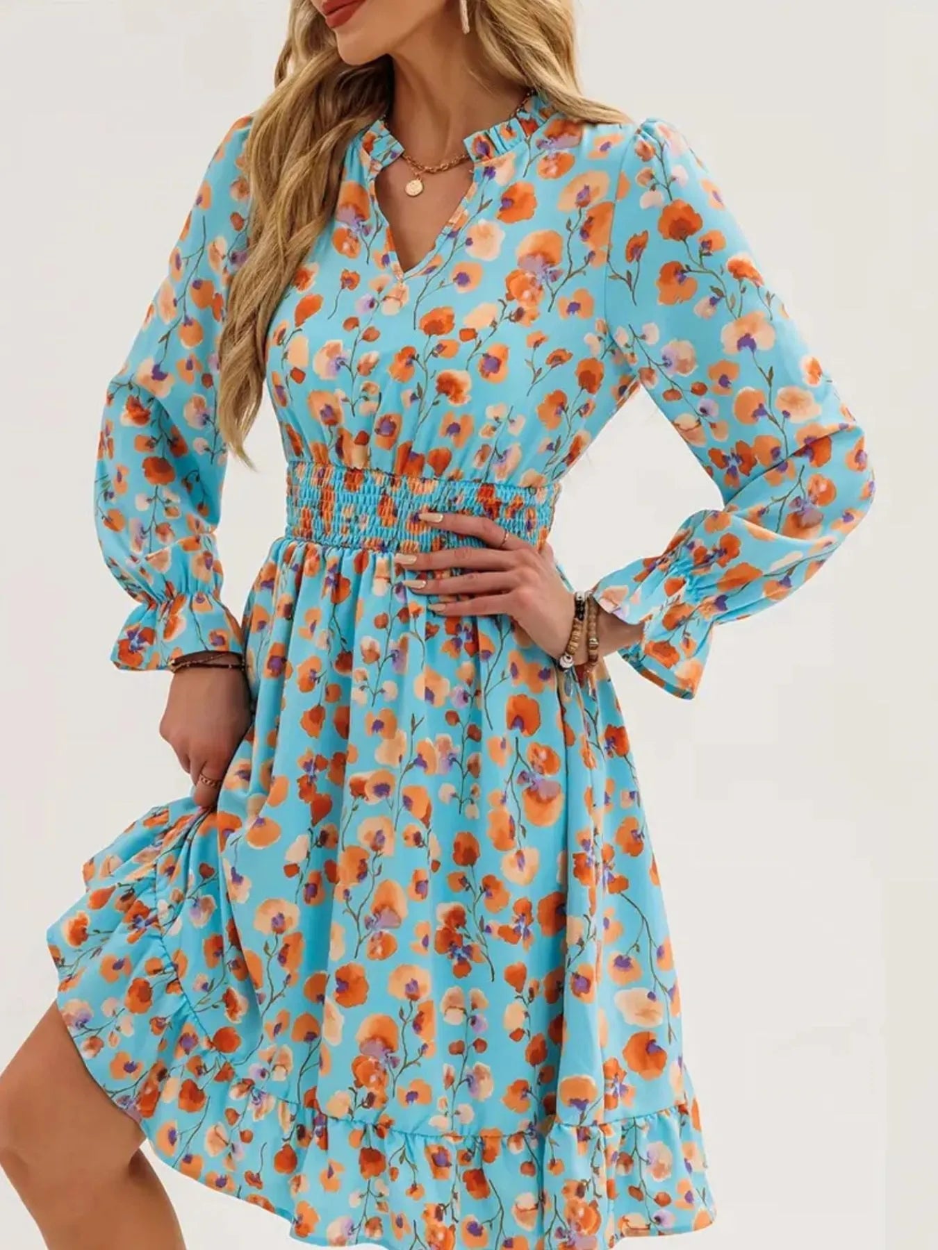 Floral Print Flounce Sleeve Ruffle Hem Dress 