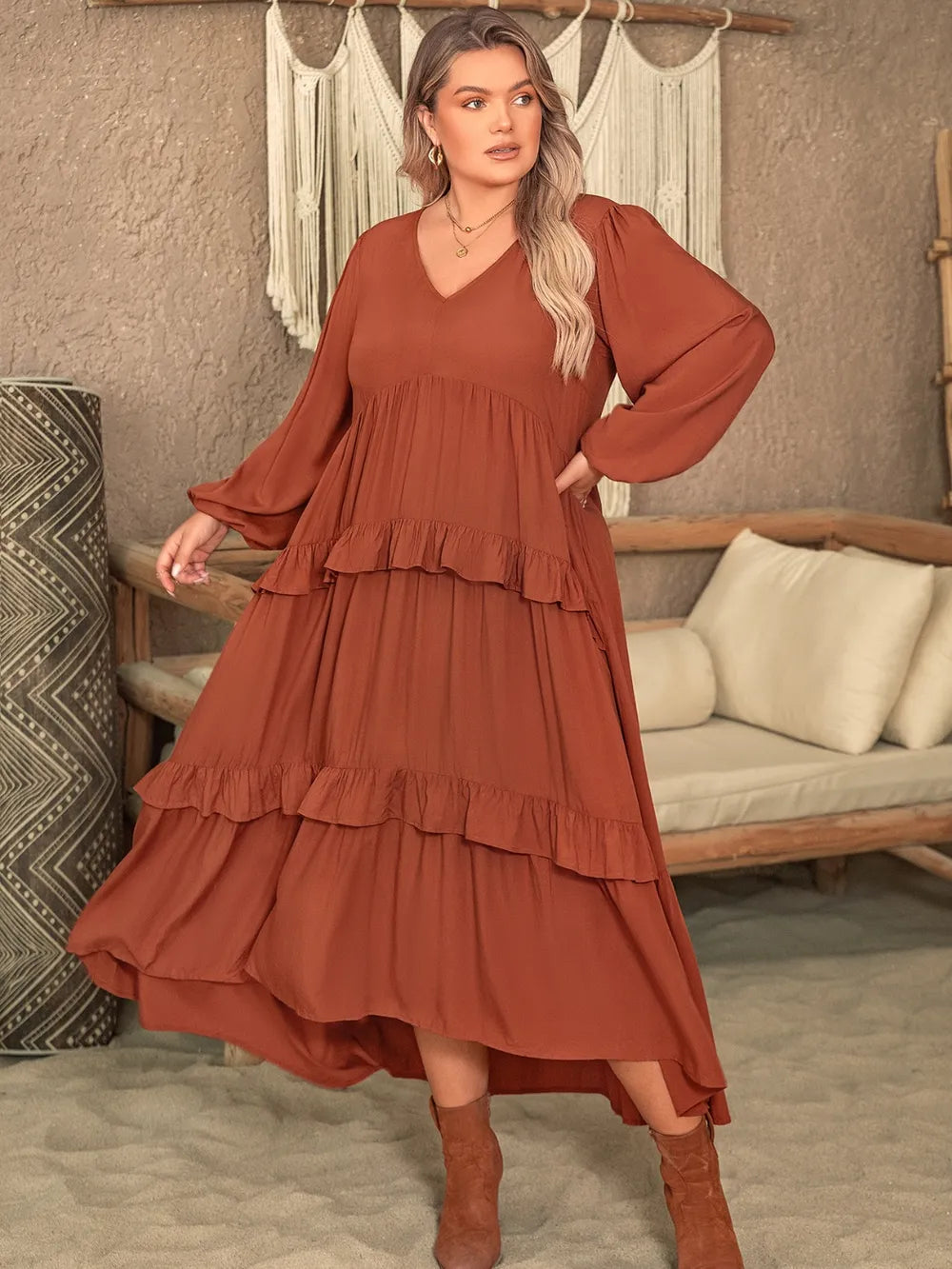Plus Size Ruffled V-Neck Balloon Sleeve Dress 
