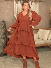Plus Size Ruffled V-Neck Balloon Sleeve Dress 