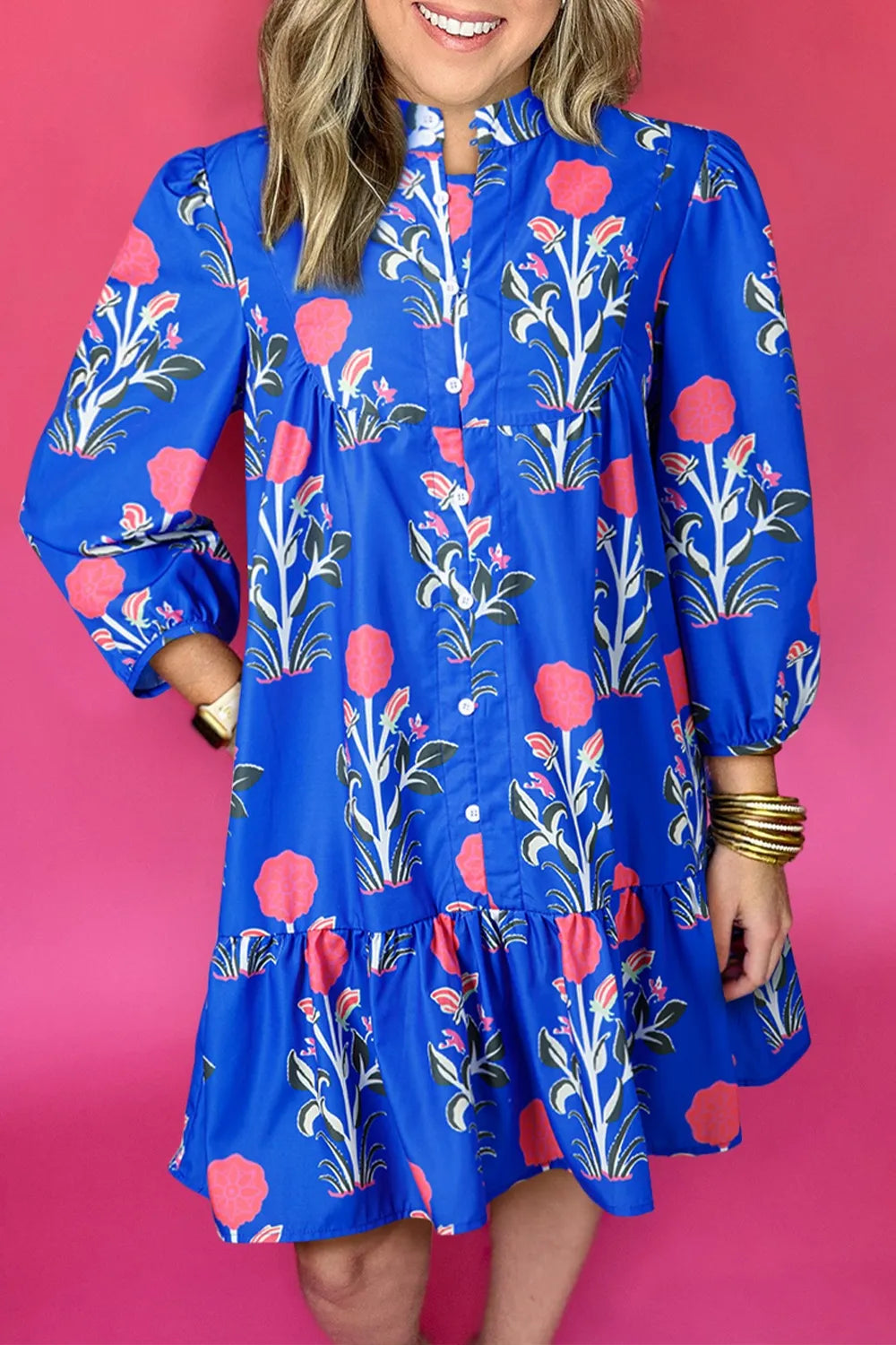 Floral Print Long Sleeve Ruffle Hem Dress 