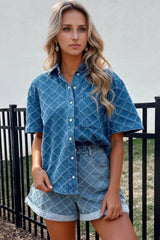 Pocketed Collared Neck Short Sleeve Denim Shirt 