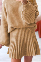 Ribbed Knit Long Sleeve Top and Skirt Sweater Set 