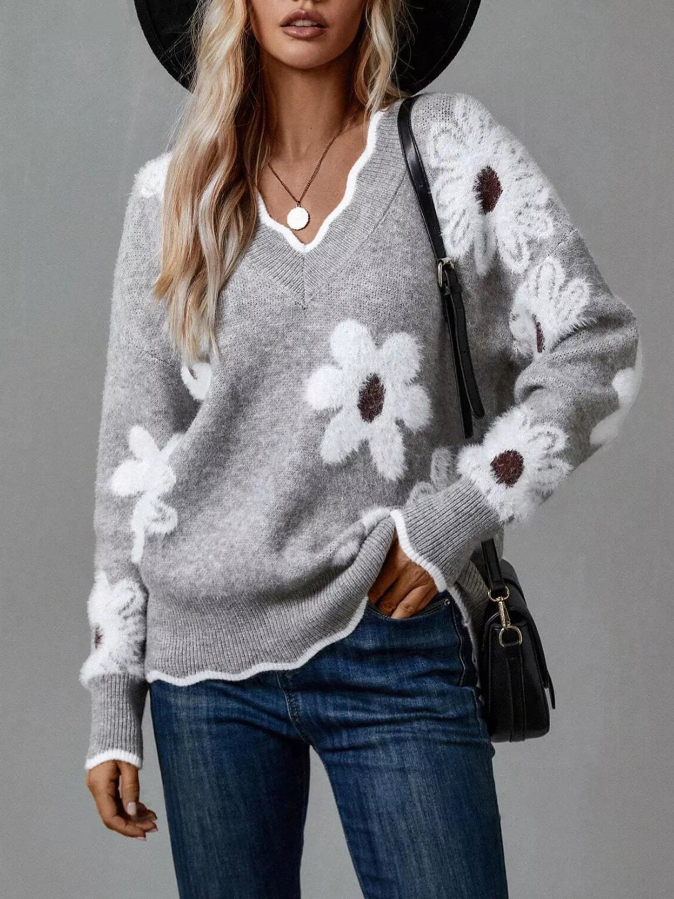 Floral V-Neck Long Sleeve Sweater 