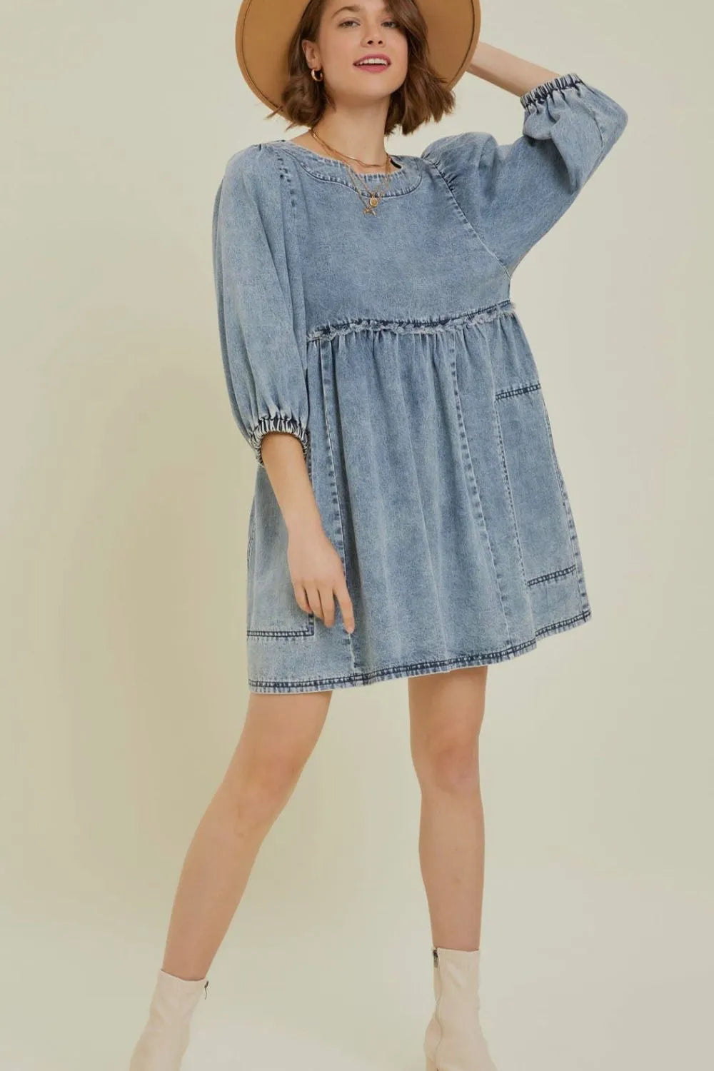 Cutout Round Neck Balloon Sleeve Denim Dress 