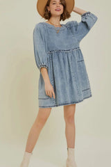 Cutout Round Neck Balloon Sleeve Denim Dress 