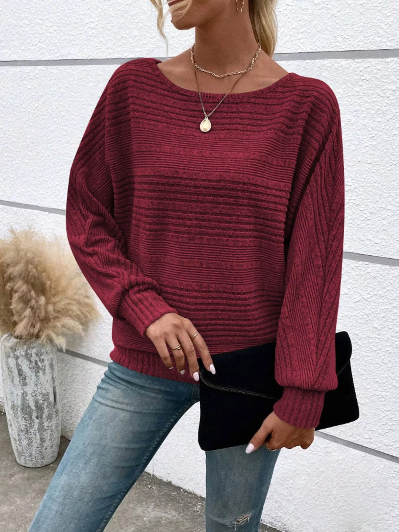 Ribbed Round Neck Long Sleeve Top 