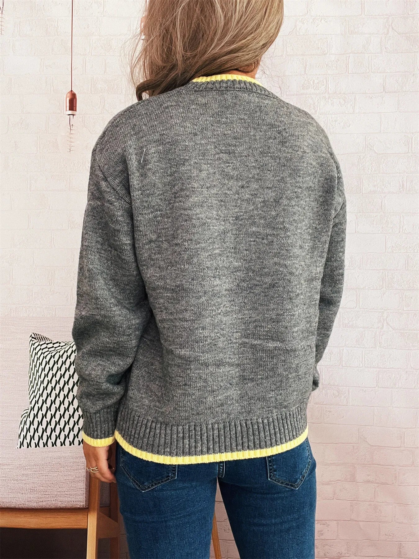 Ribbed Contrast Trim Long Sleeve Sweater 