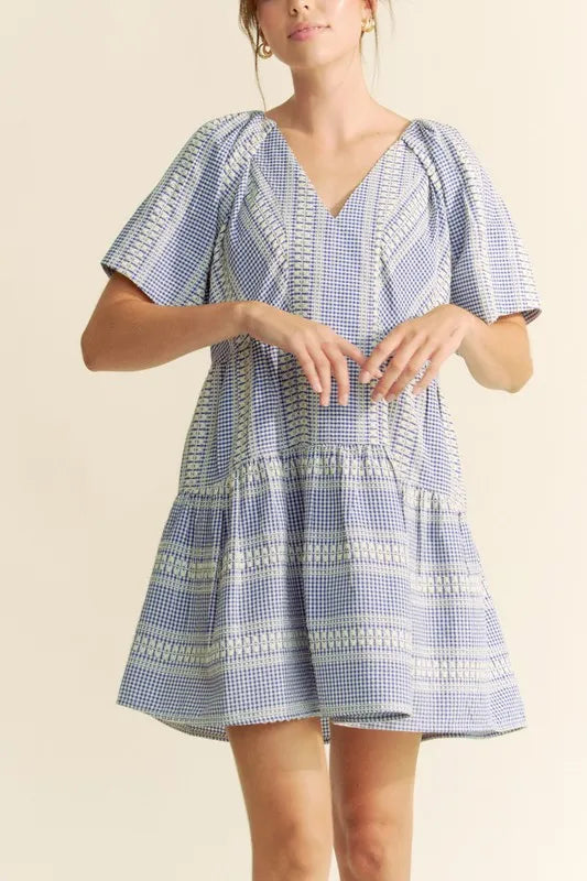 Davi & Dani Embroidered Stripe Ruffled Gingham Mini Dress 