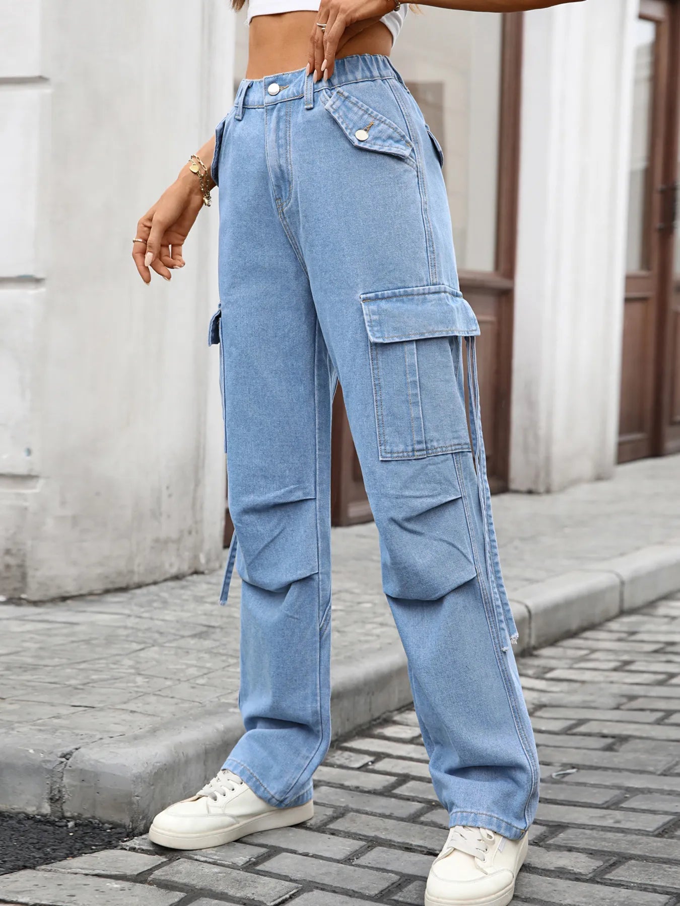 High Waisted Cargo Pocket Jeans 