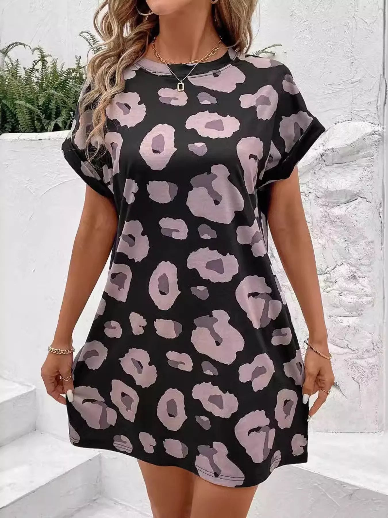 Leopard Short Sleeve Dress with Pockets 