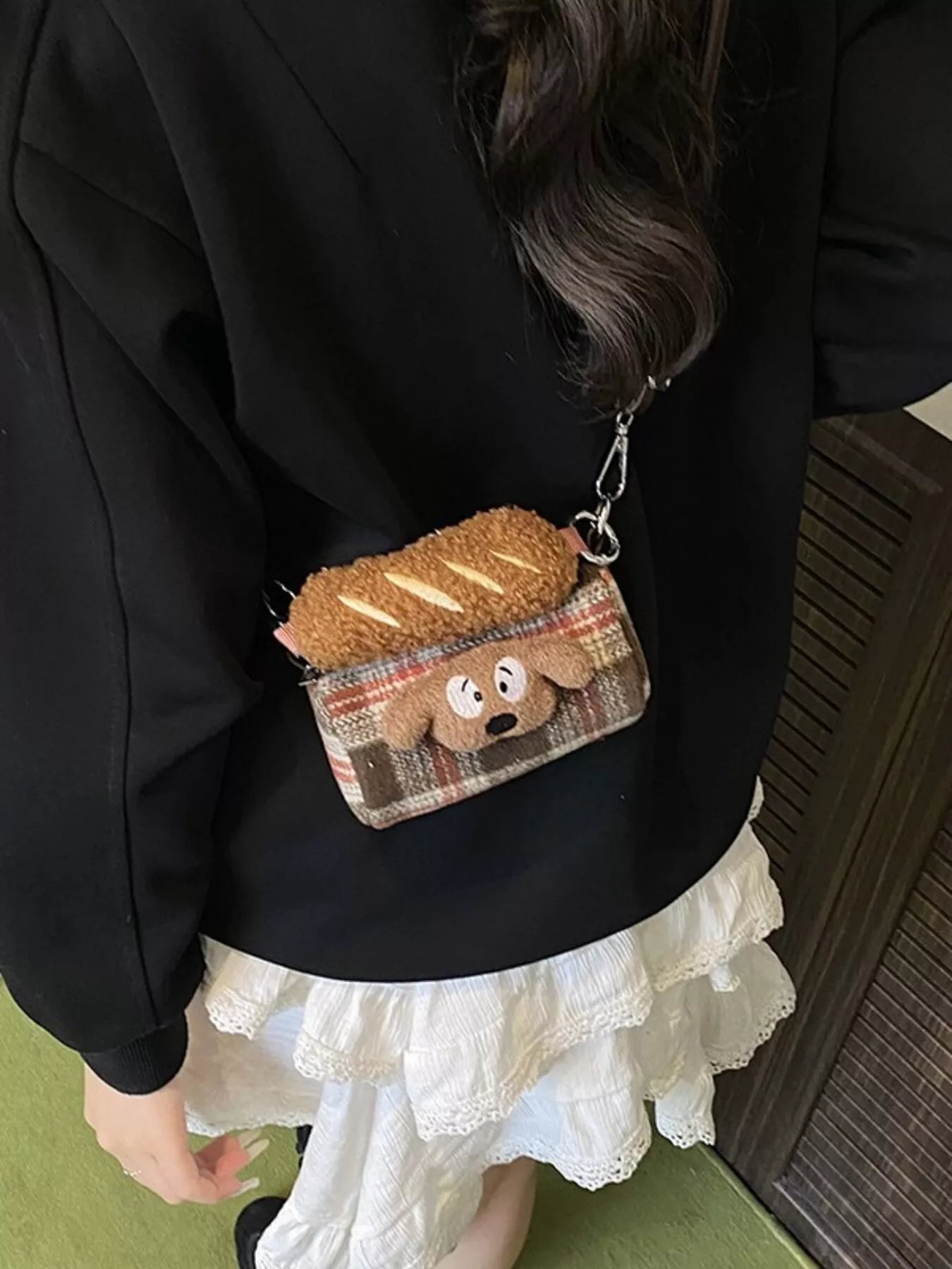 Plaid Pattern Plush Trim Crossbody Bag 