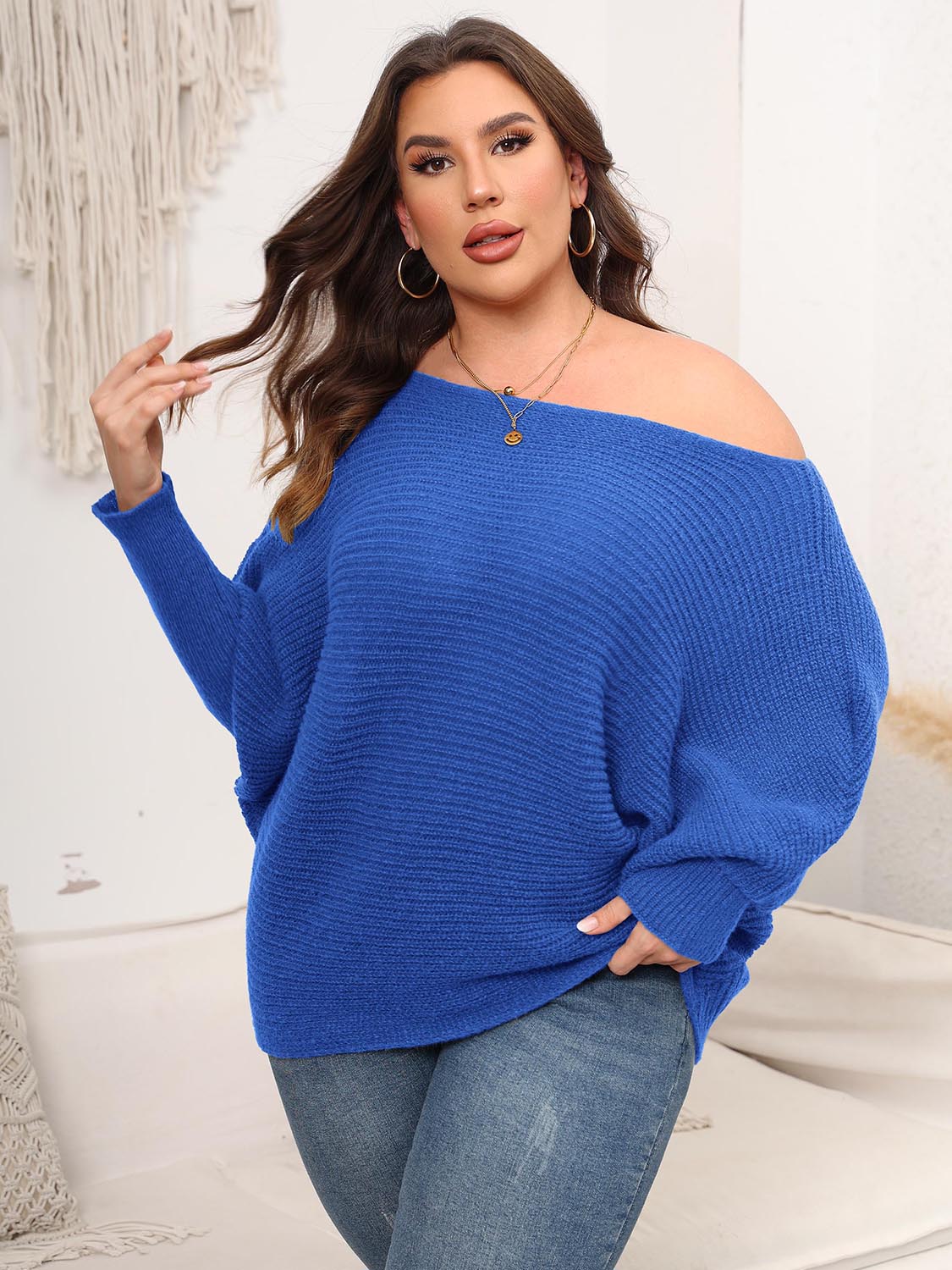 Full Size Boat Neck Batwing Sleeve Sweater 