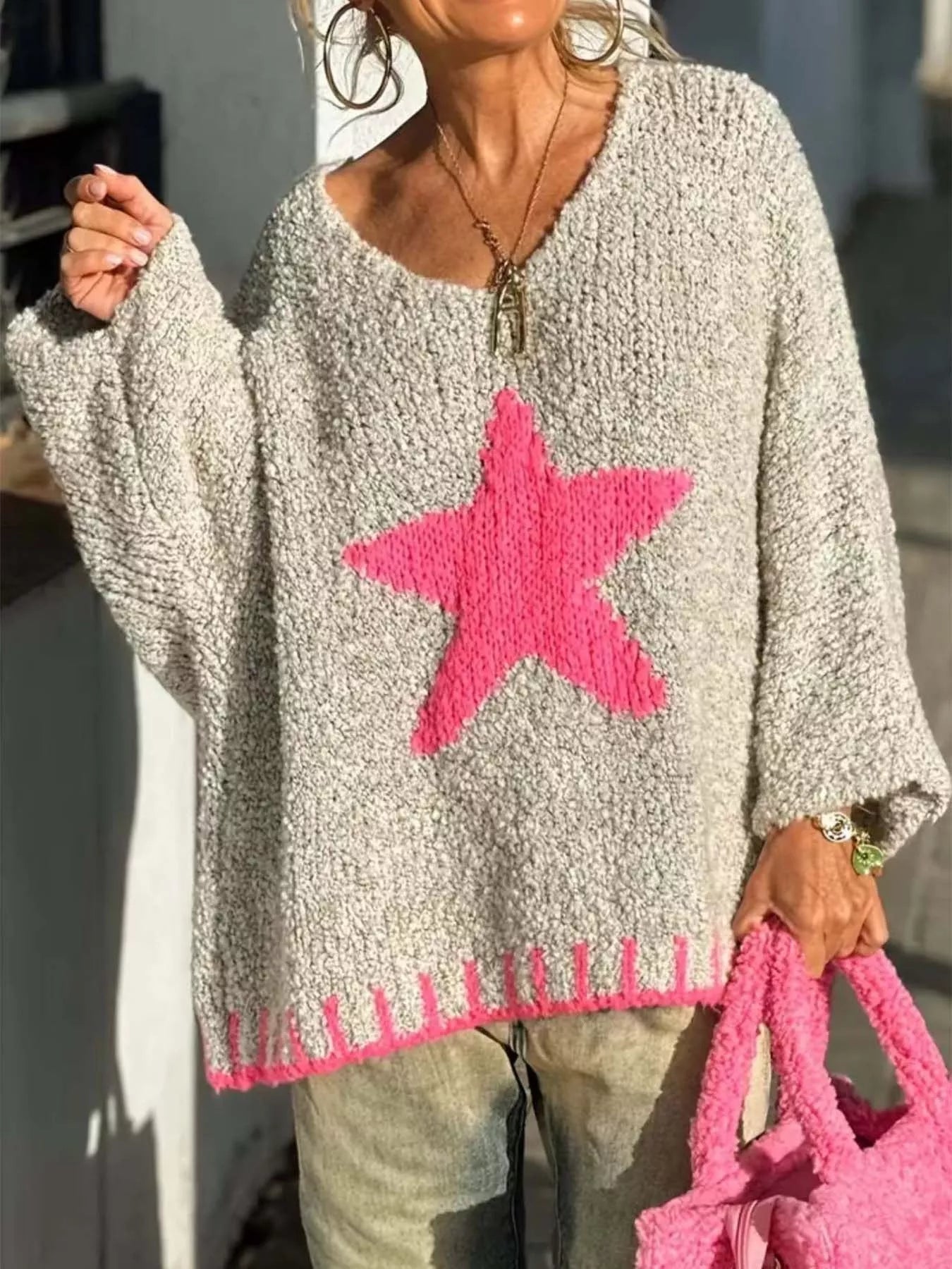 Star V-Neck Long Sleeve Sweater 