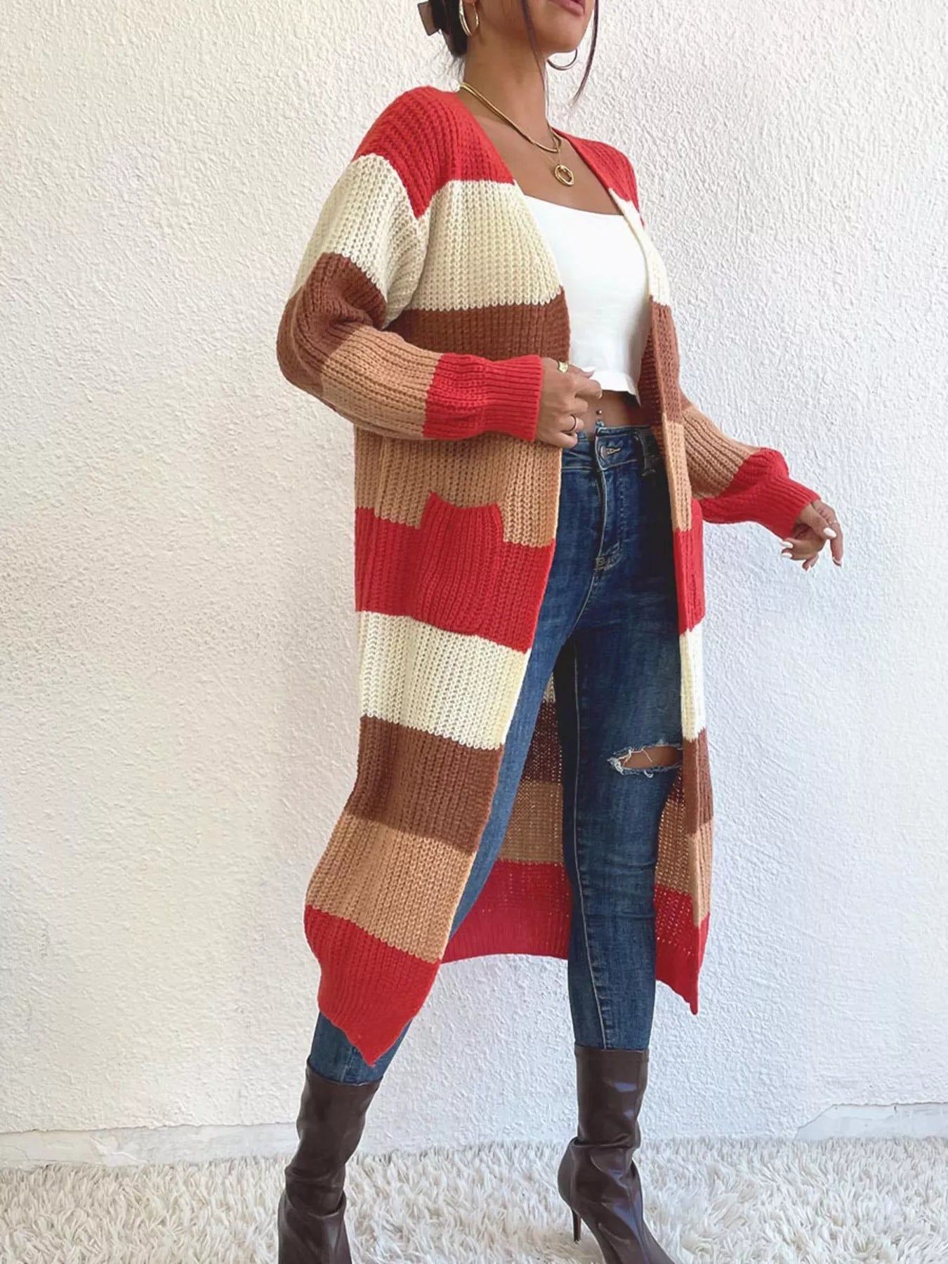 Striped Color Block Open Front Knit Cardigan 