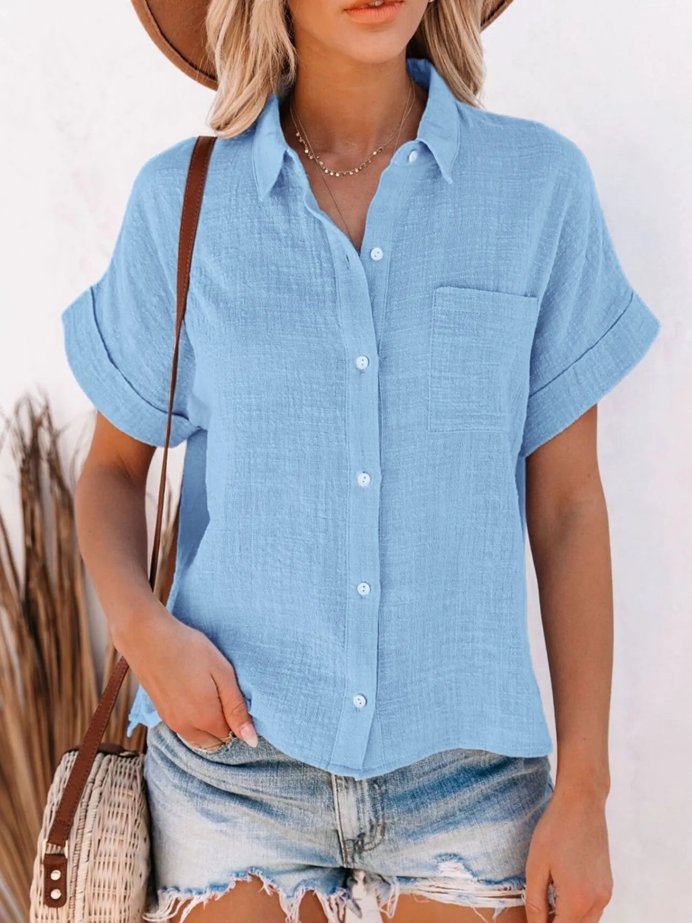 Full Size Button Up Short Sleeve Shirt Plus Size 