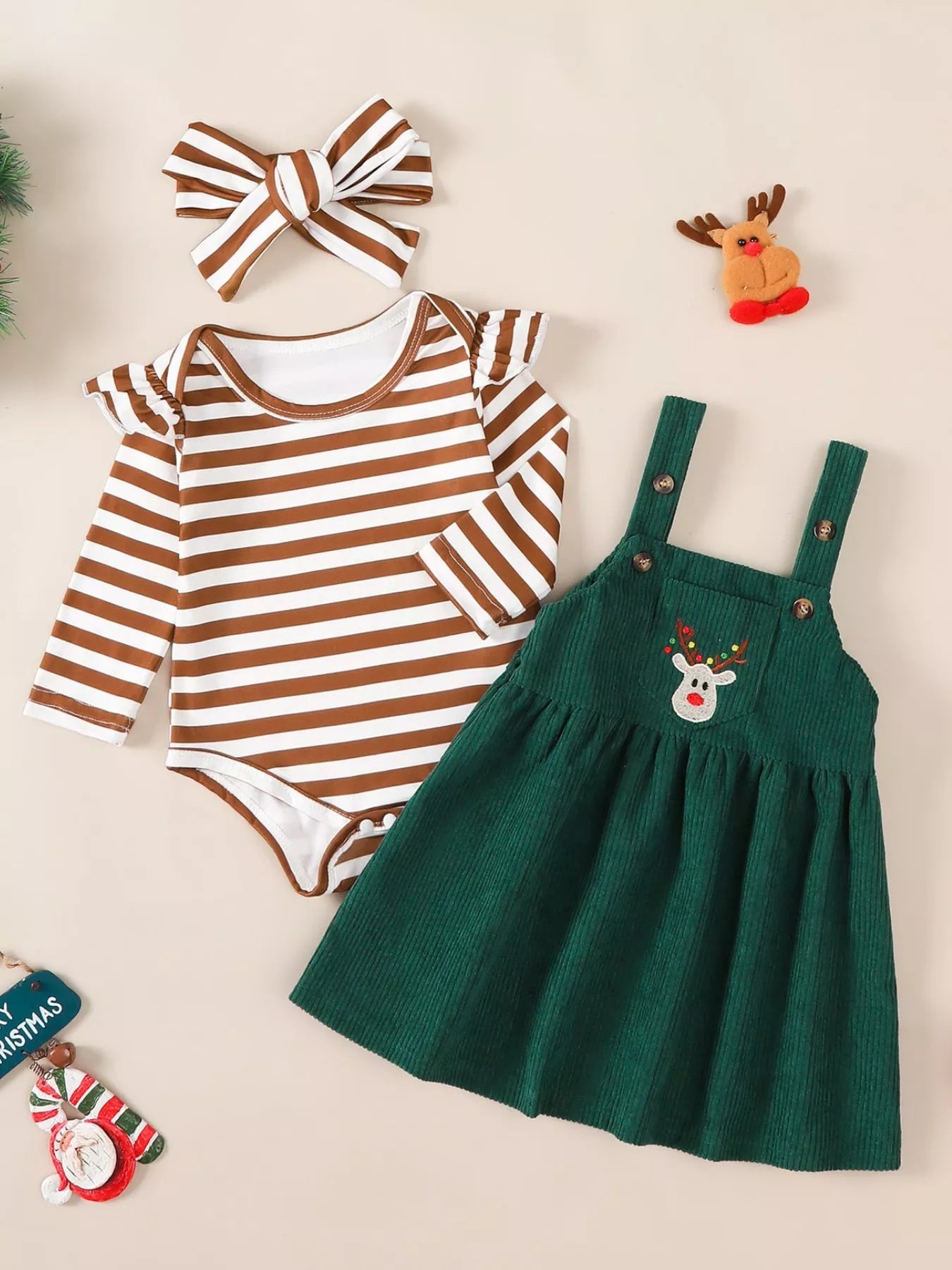 Children's Christmas Bodysuit and Overall Dress Set with Headband 