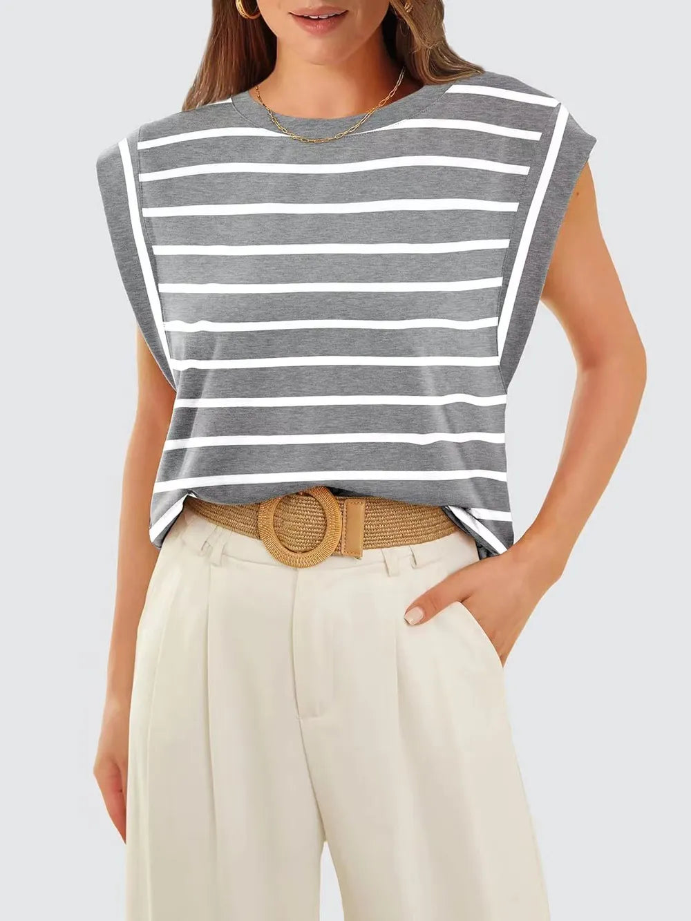 Striped Round Neck Cap Sleeve T-Shirt 