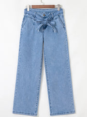 High Waisted Wide Leg Belted Jeans 