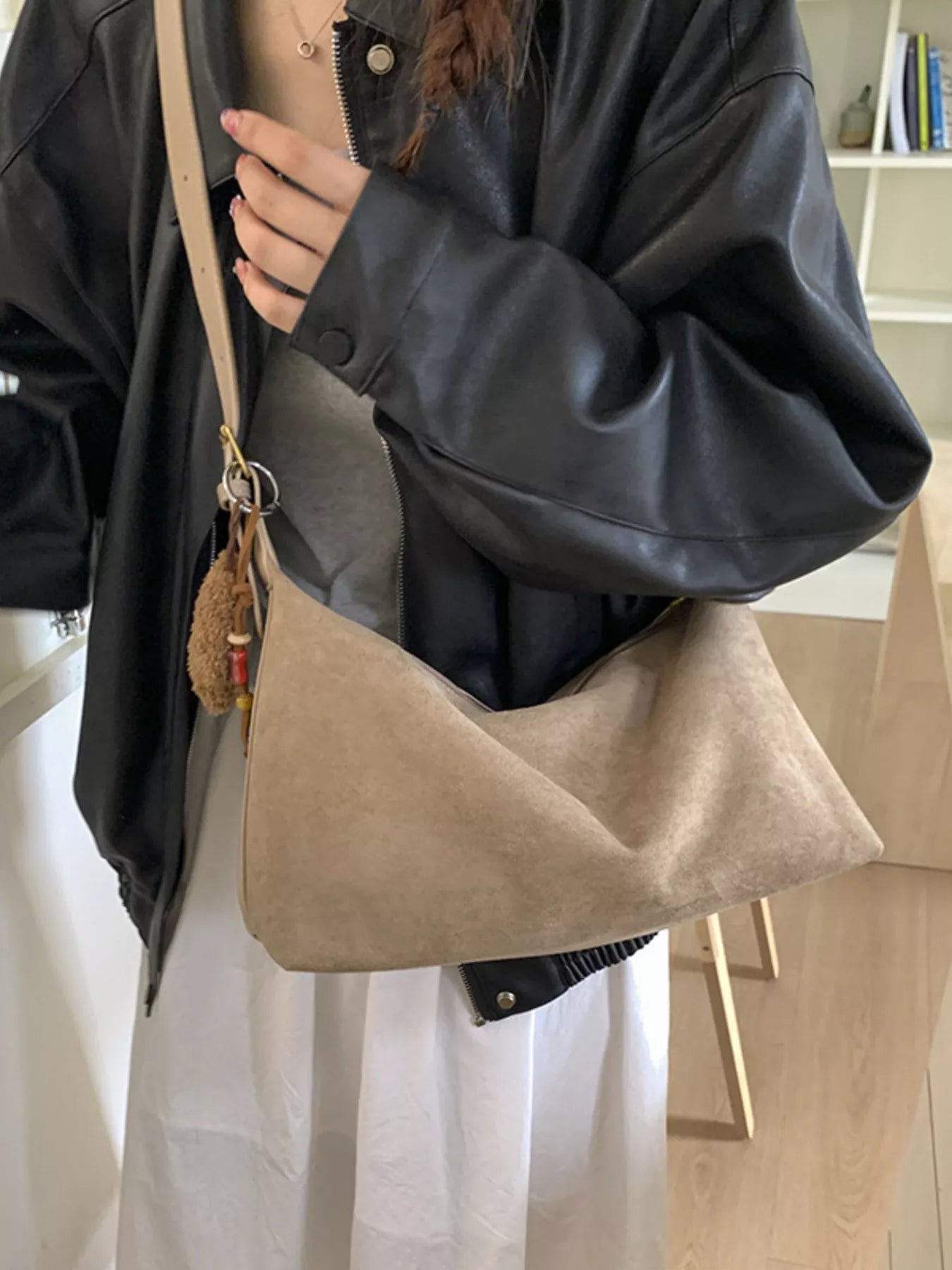 Solid Color Suede Hobo Crossbody Bag 