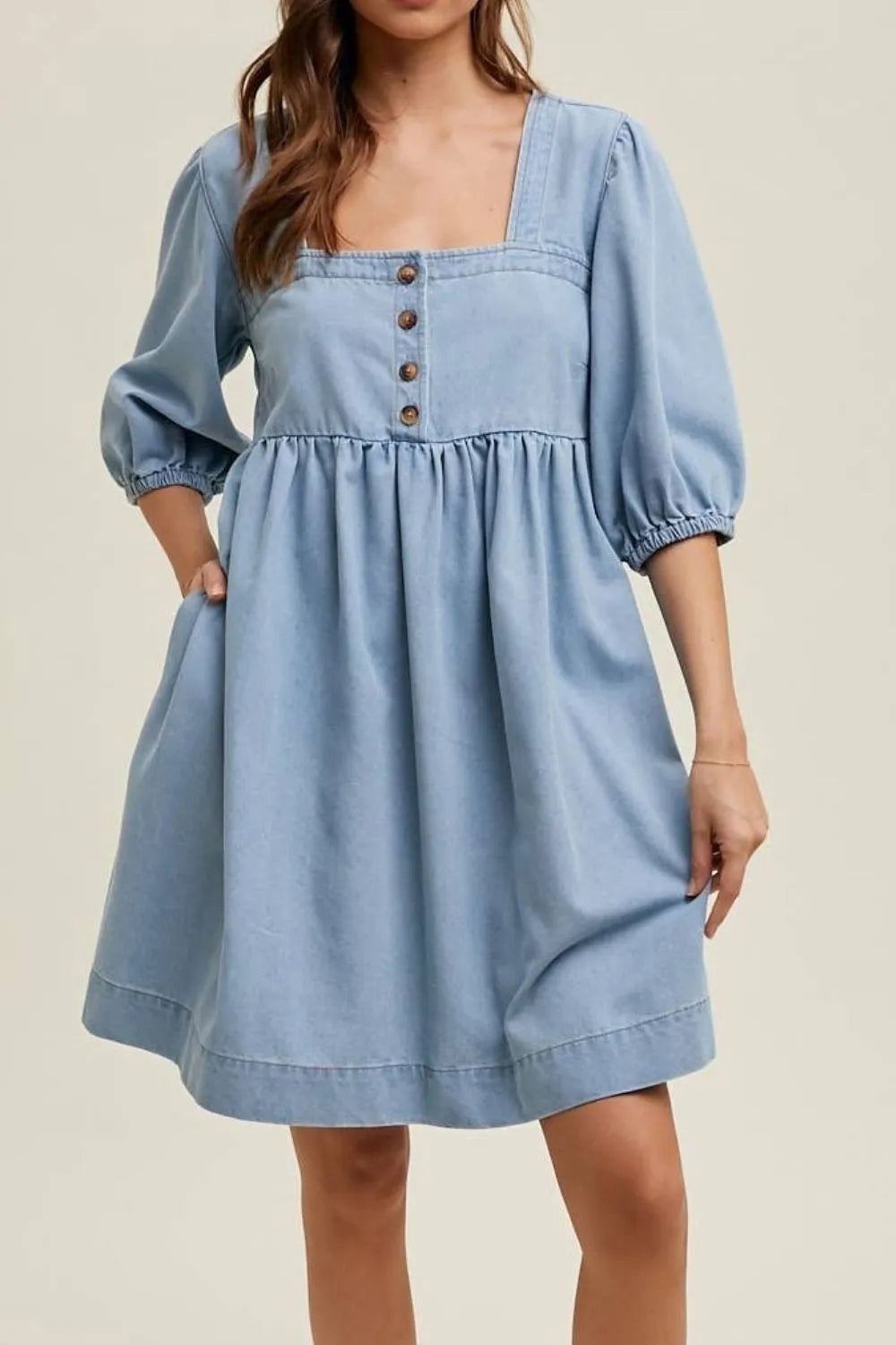 Square Neck Half Sleeve Denim Dress 