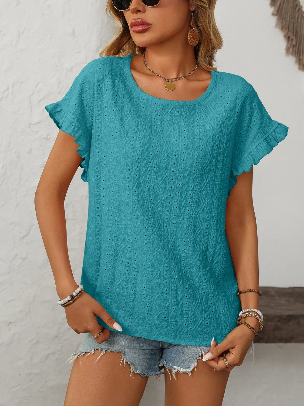 Mandy Eyelet Round Neck Short Sleeve Top 