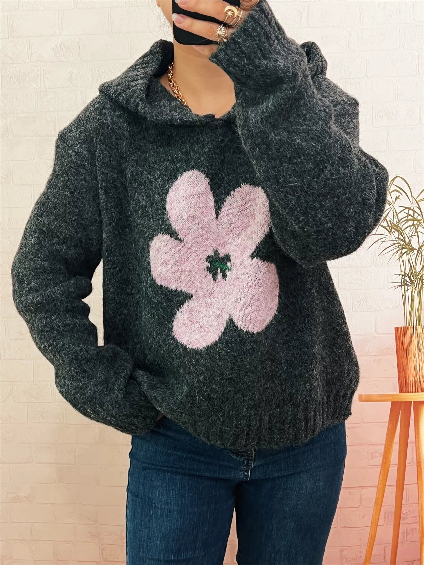 Flower Long Sleeve Hooded Sweater 