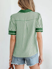 Stripe Collared Split Neck Short Bubble Sleeve Blouse 