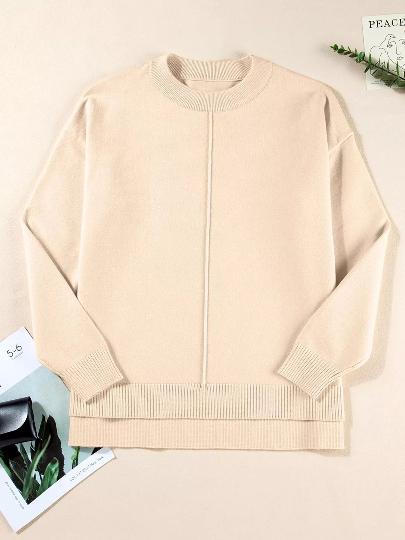 Front Center Seam Drop Shoulder Solid Sweater 