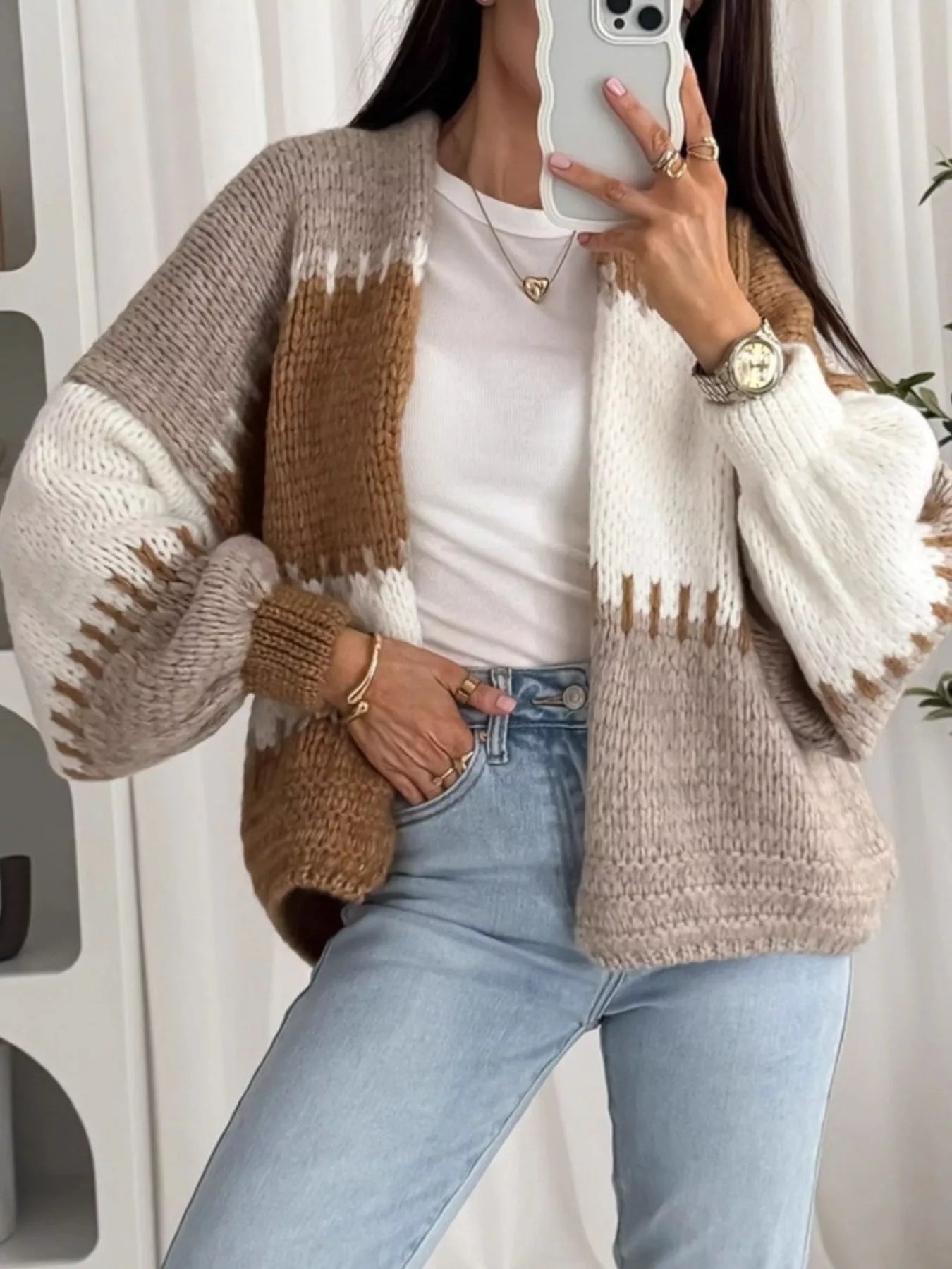 Color Block Open Front Cardigan 