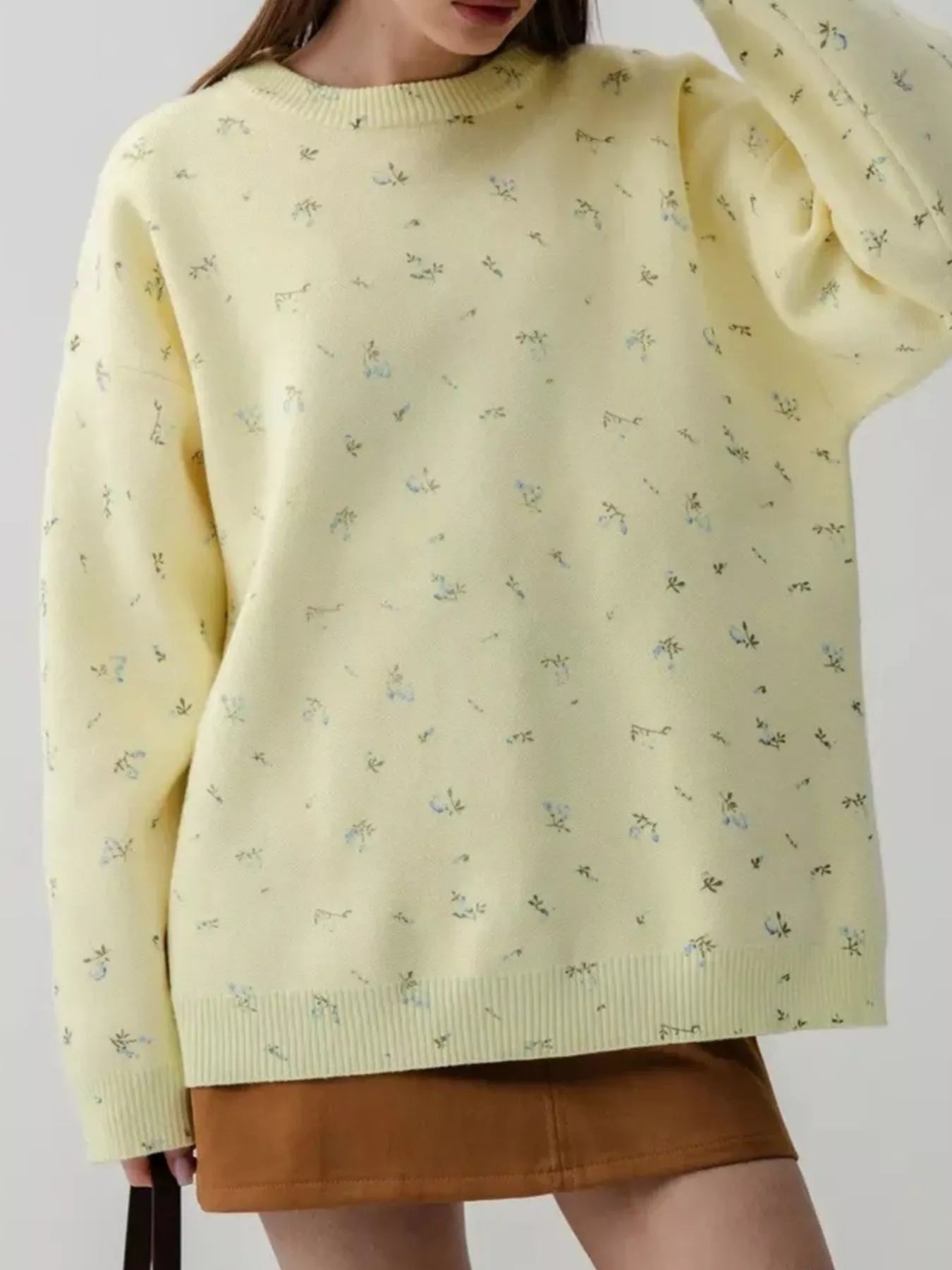 Ribbed Hem Floral Long Sleeve Sweater 