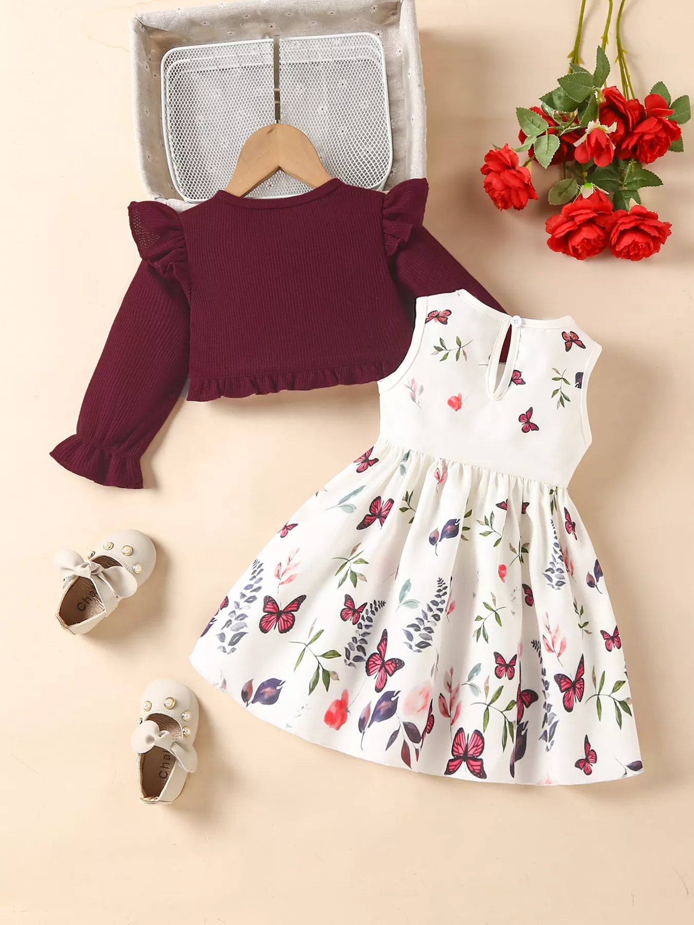 Children's Bow Dress & Ruffle Trim Cardigan Set 