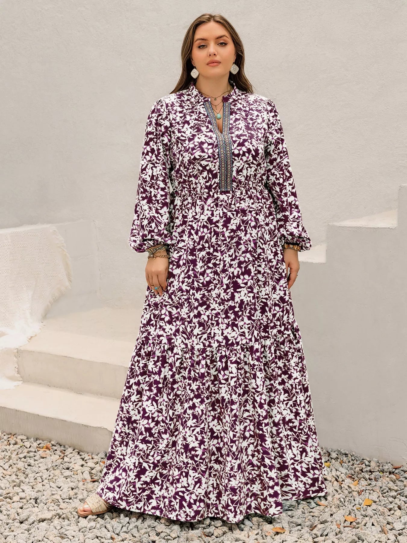 Plus Size Floral Print Maxi Dress with Long Sleeves 