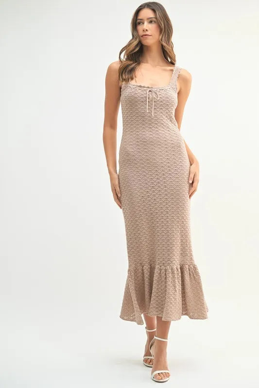 MABLE Ruffled Hem Sleeveless Crochet Knit Midi Dress 