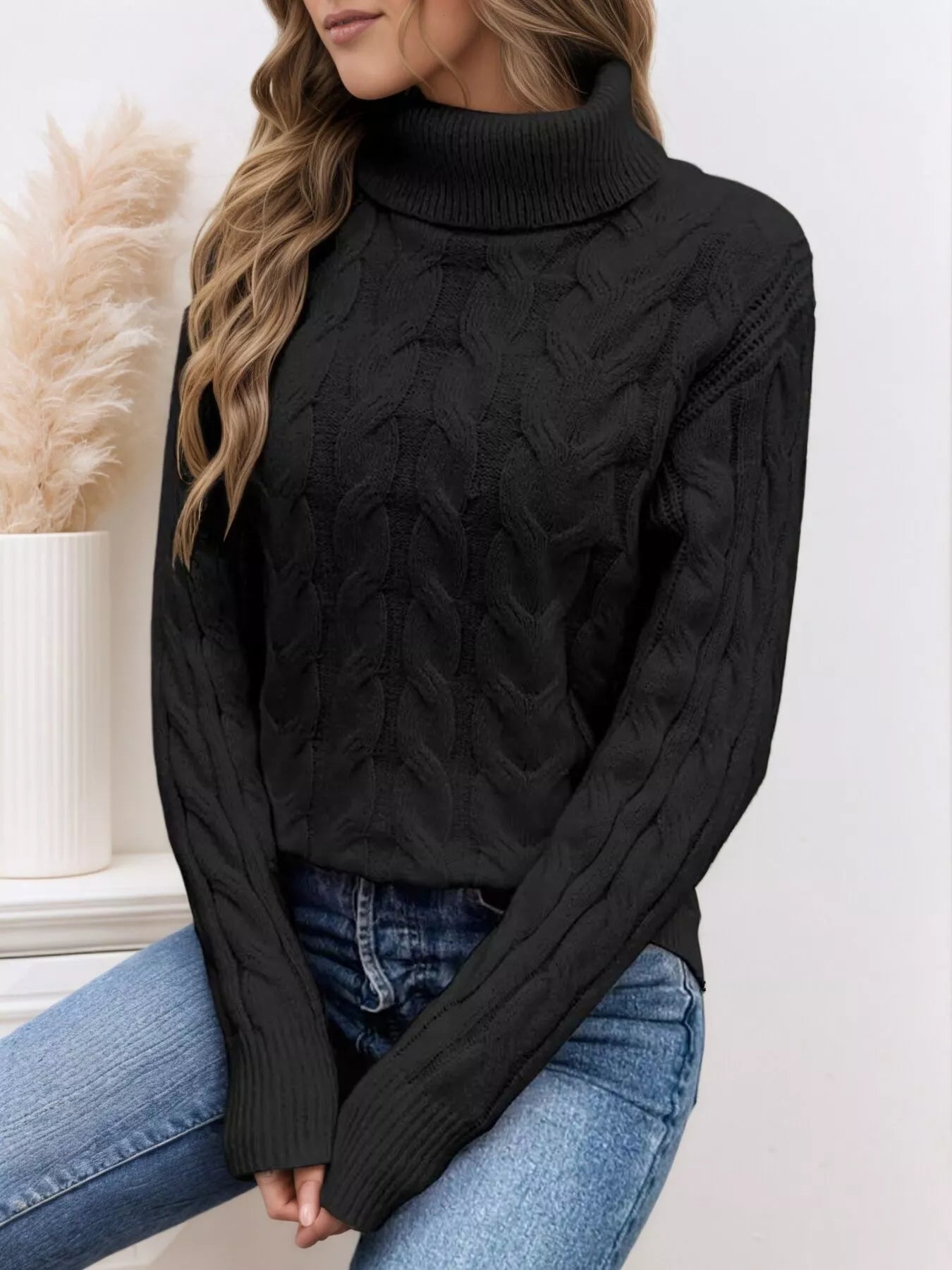 Cable Knit Turtleneck Long Sleeve Sweater 