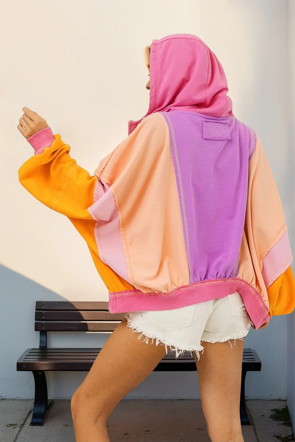 Double Take Full Size Color Block Zip Up Hoodie 