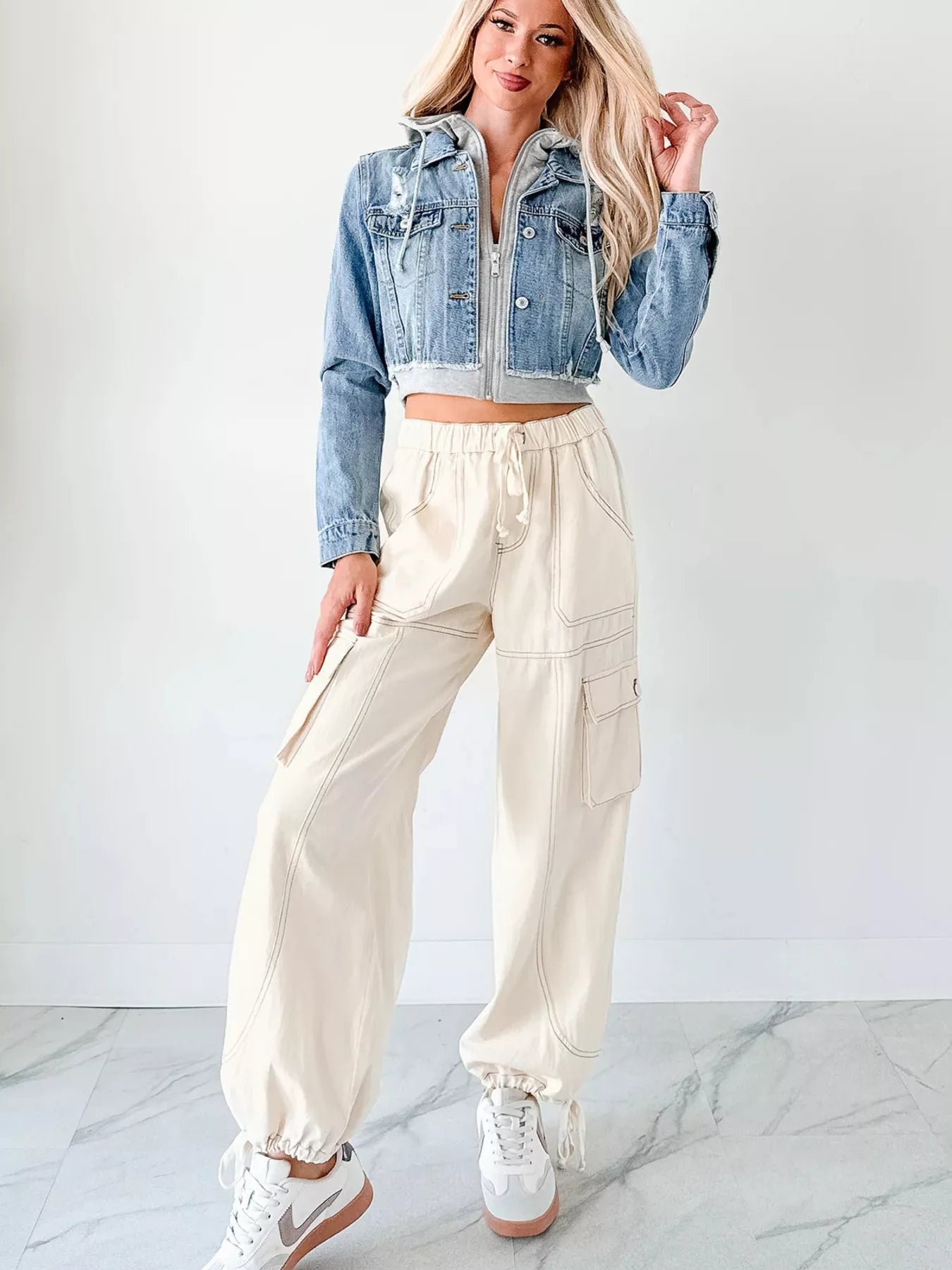 Distressed Zip Up Cropped Hooded Denim Jacket 