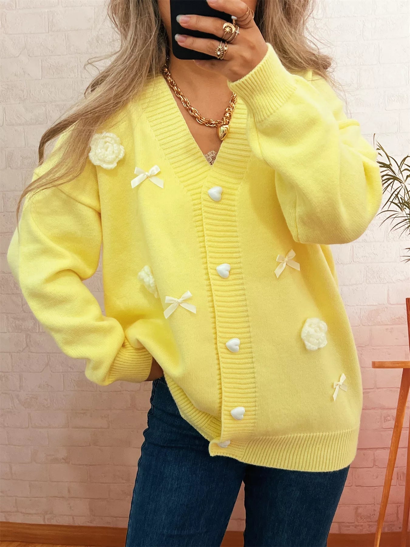 Flower Heart Button Long Sleeve Cardigan 