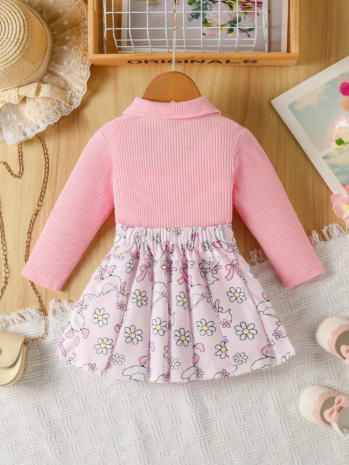 Children's Embroidered Ribbed Polo Shirt & Pleated Skirt Set 