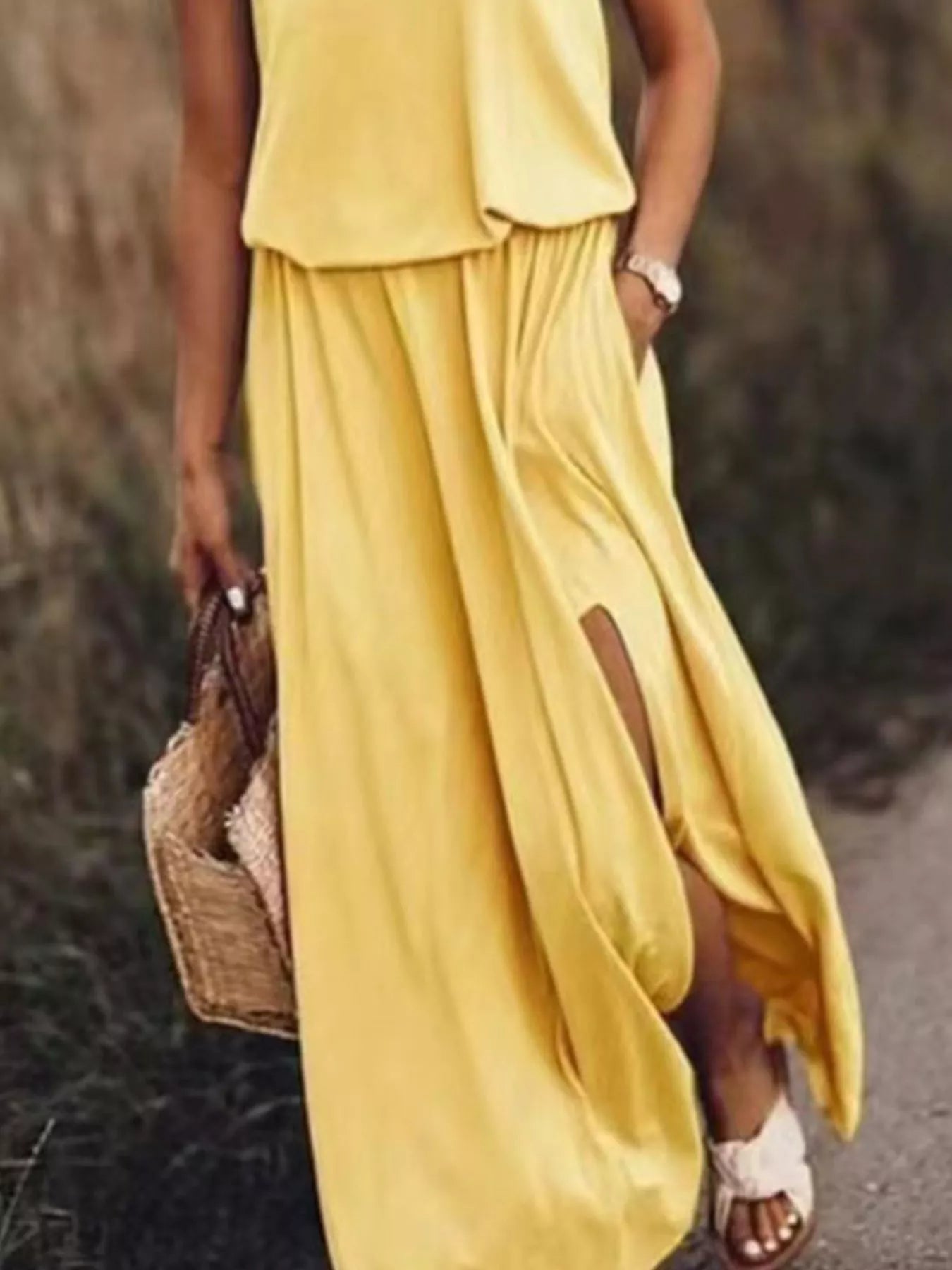 Full Size Round Neck Sleeveless Slit Maxi Dress Plus Size 