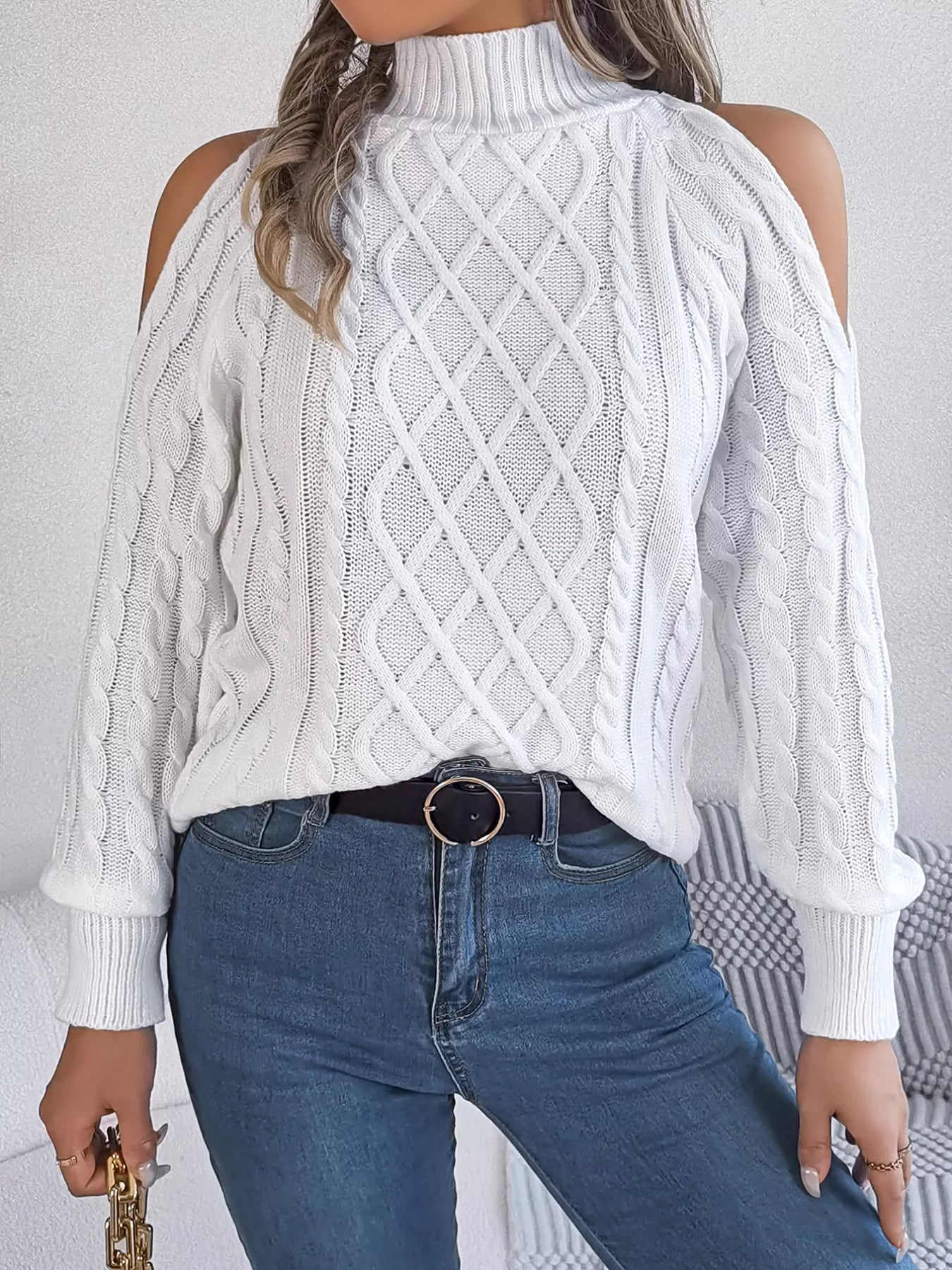 Cable Knit Cold Shoulder Turtleneck Sweater 