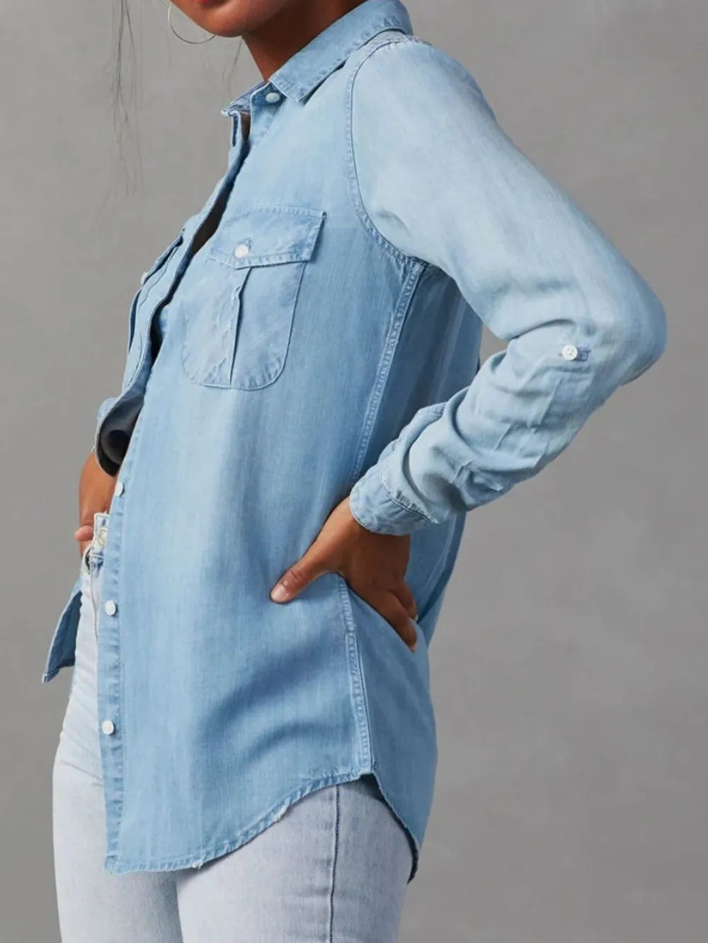 Collared Neck Roll-Tab Sleeve Denim Top 