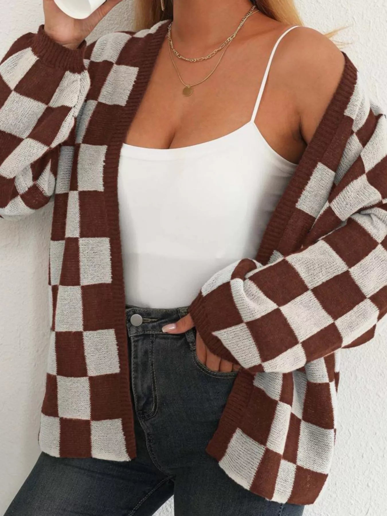 Checkerboard Pattern Open Front Knit Cardigan 
