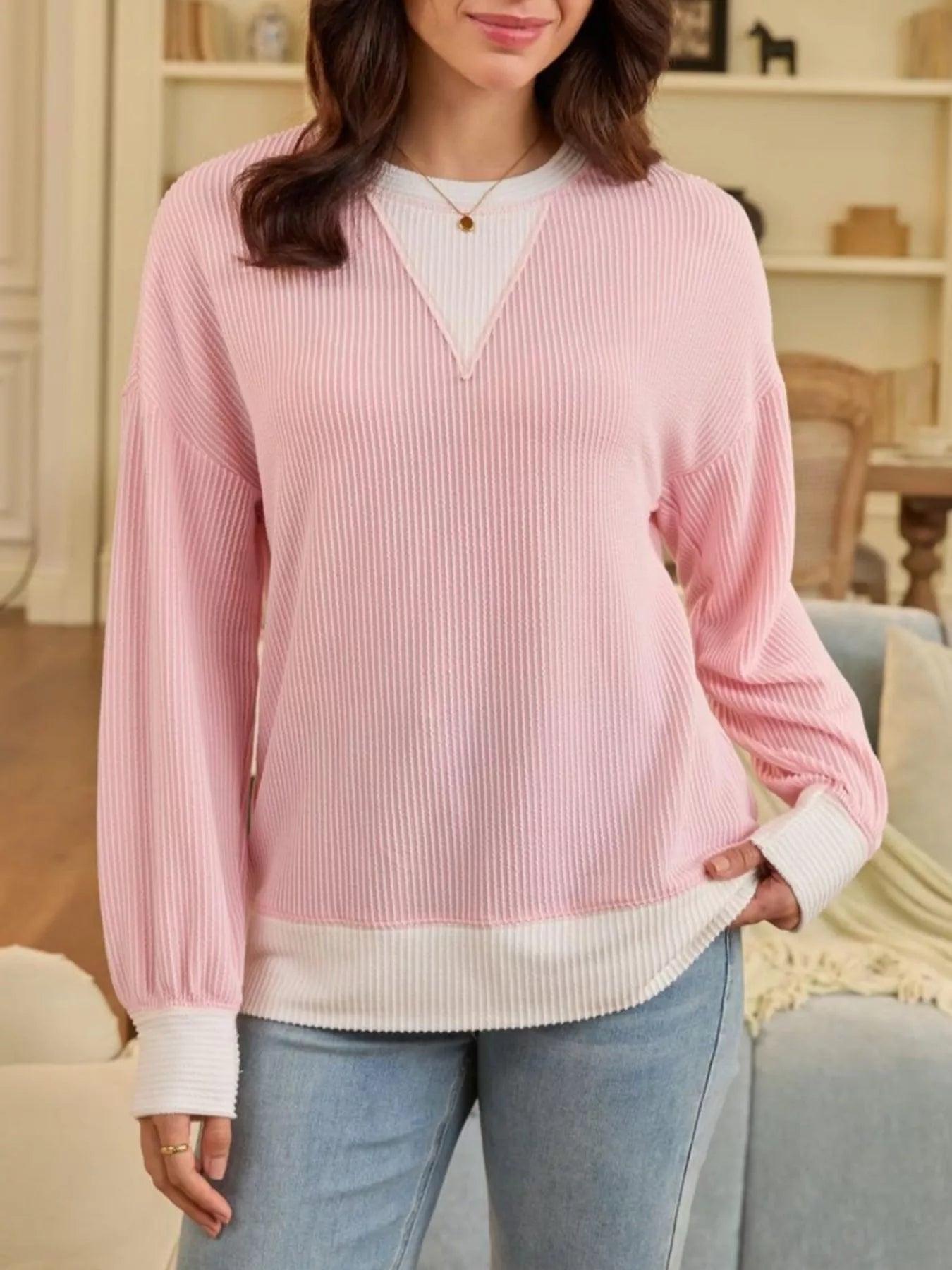 Two-Tone Ribbed Knit Sweatshirt 