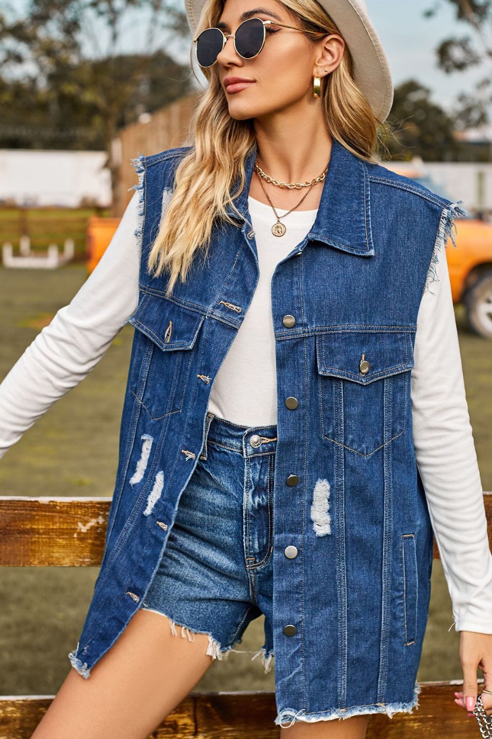 Sleeveless Button-Up Collared Denim Top with Pockets 