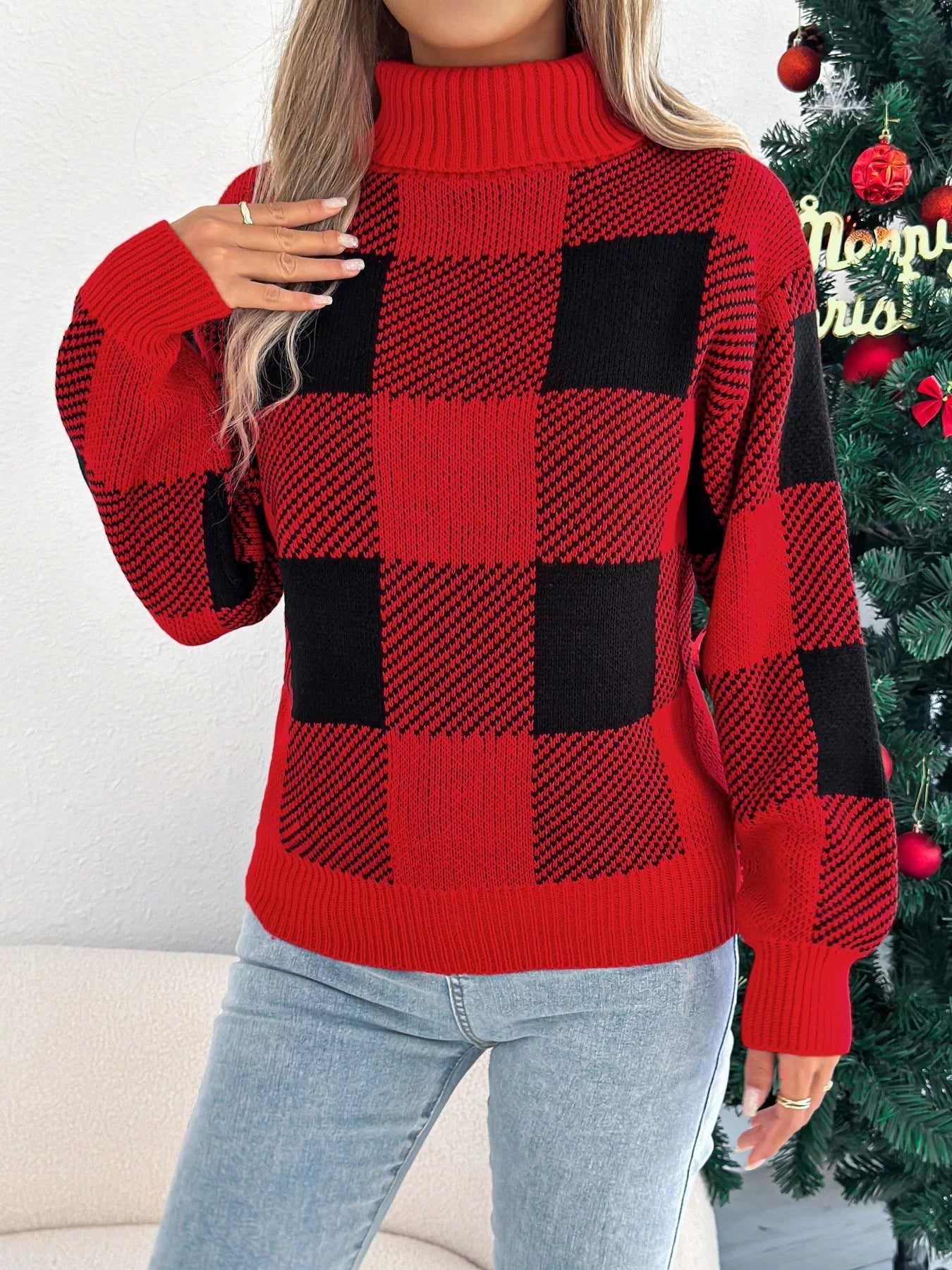Christmas Plaid Long Sleeve Turtleneck Sweater 